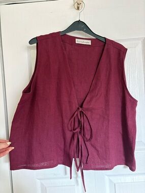 Linen Tie-Front Sleeveless Top - Burgundy